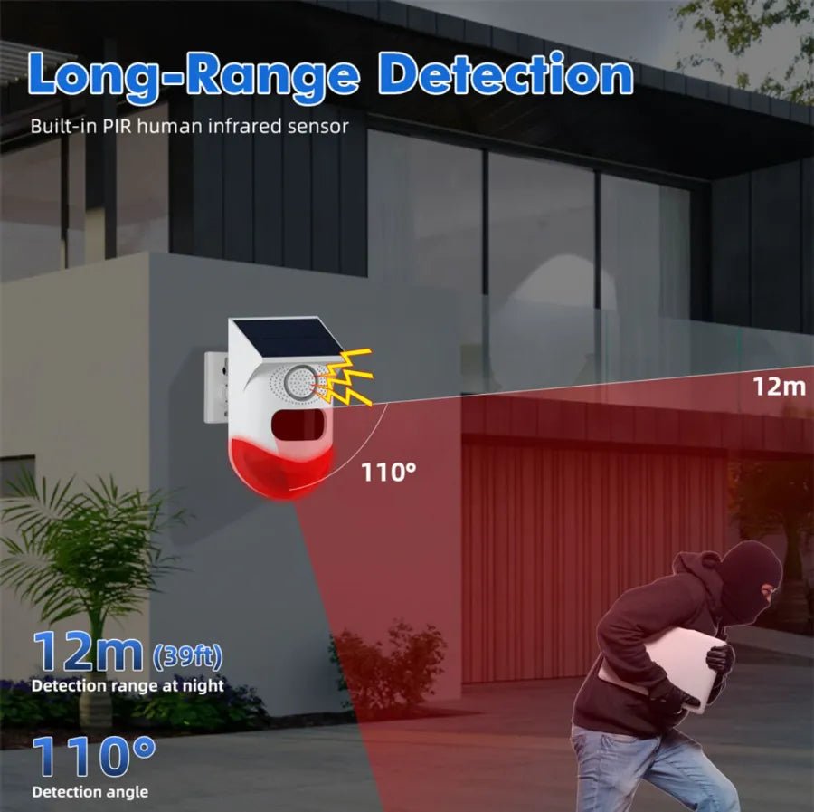 🛡️ Alarma Solar Exterior con Sensor PIR, 120dB y Control Remoto – Seguridad Autónoma y Sin Cables - Olimantech