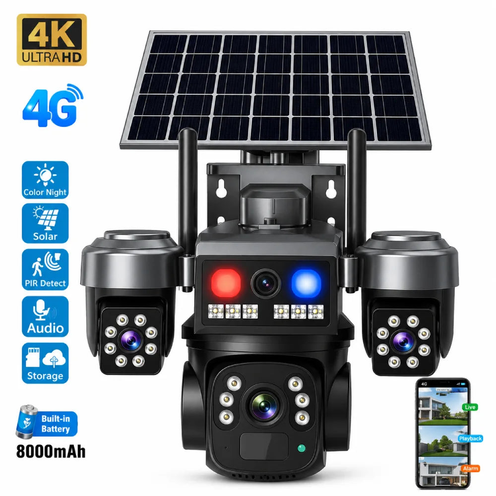 Cámara solar 4G con sirena y luces disuasivas rojo azul para bodegas y obras – Olimantech