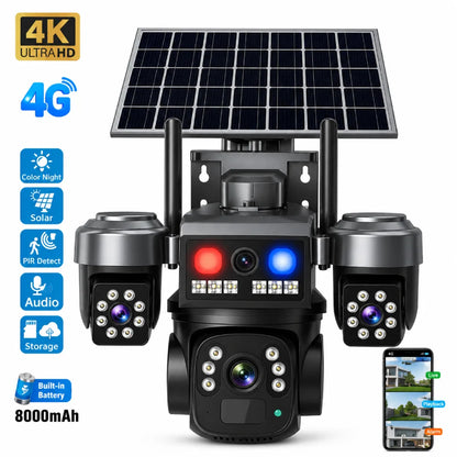Cámara solar 4G con sirena y luces disuasivas rojo azul para bodegas y obras – Olimantech