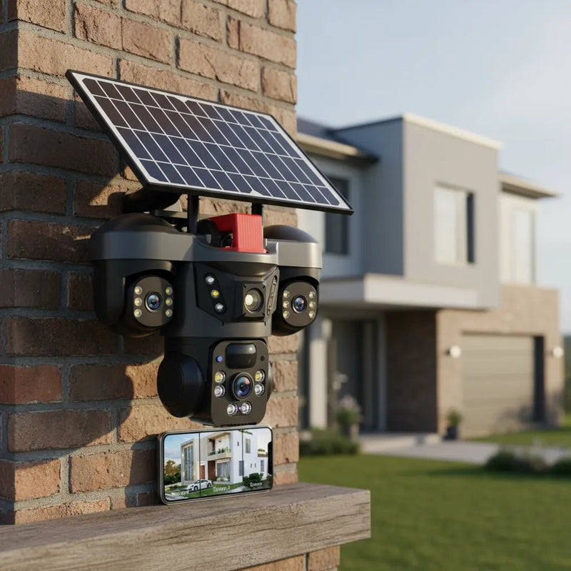 Triple lente PTZ 360° cámara solar WiFi visión simultánea sin puntos ciegos – Olimantech