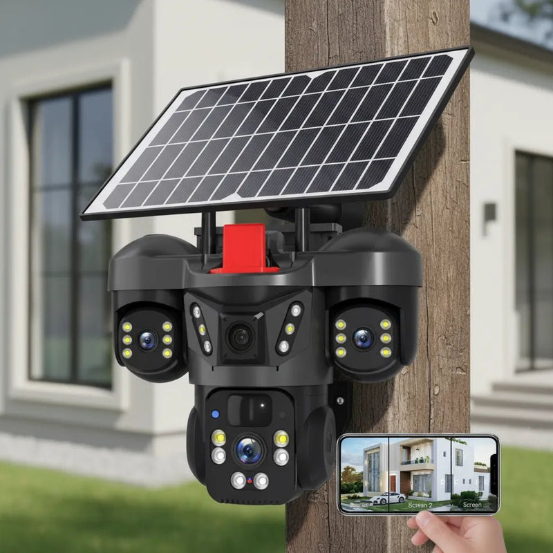 PIR y radar cámara solar WiFi triple lente detección inteligente exterior – Olimantech