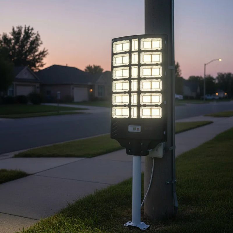 Pedestal metálico incluido foco solar 1200W IP66 instalación sin herramientas – Olimantech