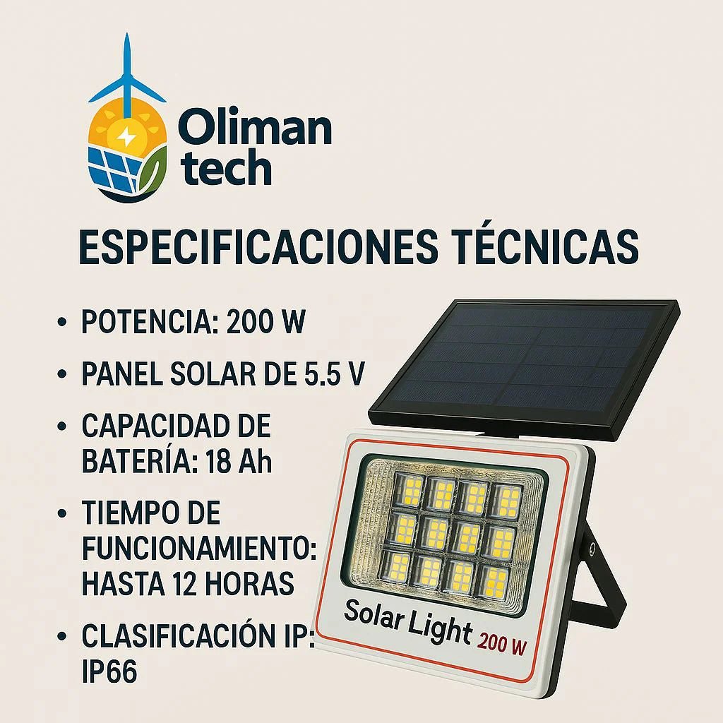 Foco Solar LED 200W con Panel Solar y Batería – Iluminación Autónoma para Exteriores | Olimantech - Olimantech