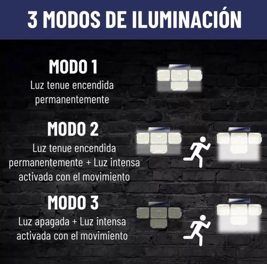Foco Solar LED Premium con Sensor PIR 200LM | 3 Modos de Iluminación Exterior IP65 - Olimantech