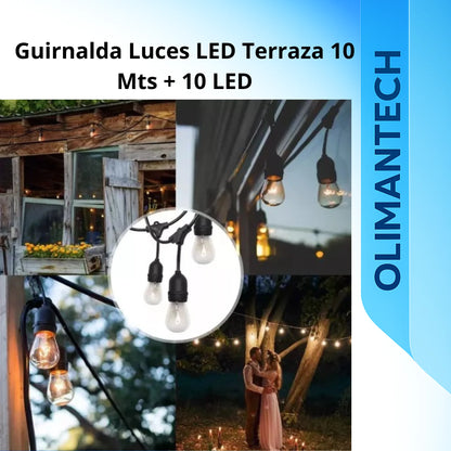Guirnalda de luces LED para terraza de 10 metros, 10 focos vintage cálidos resistentes al agua IP65

