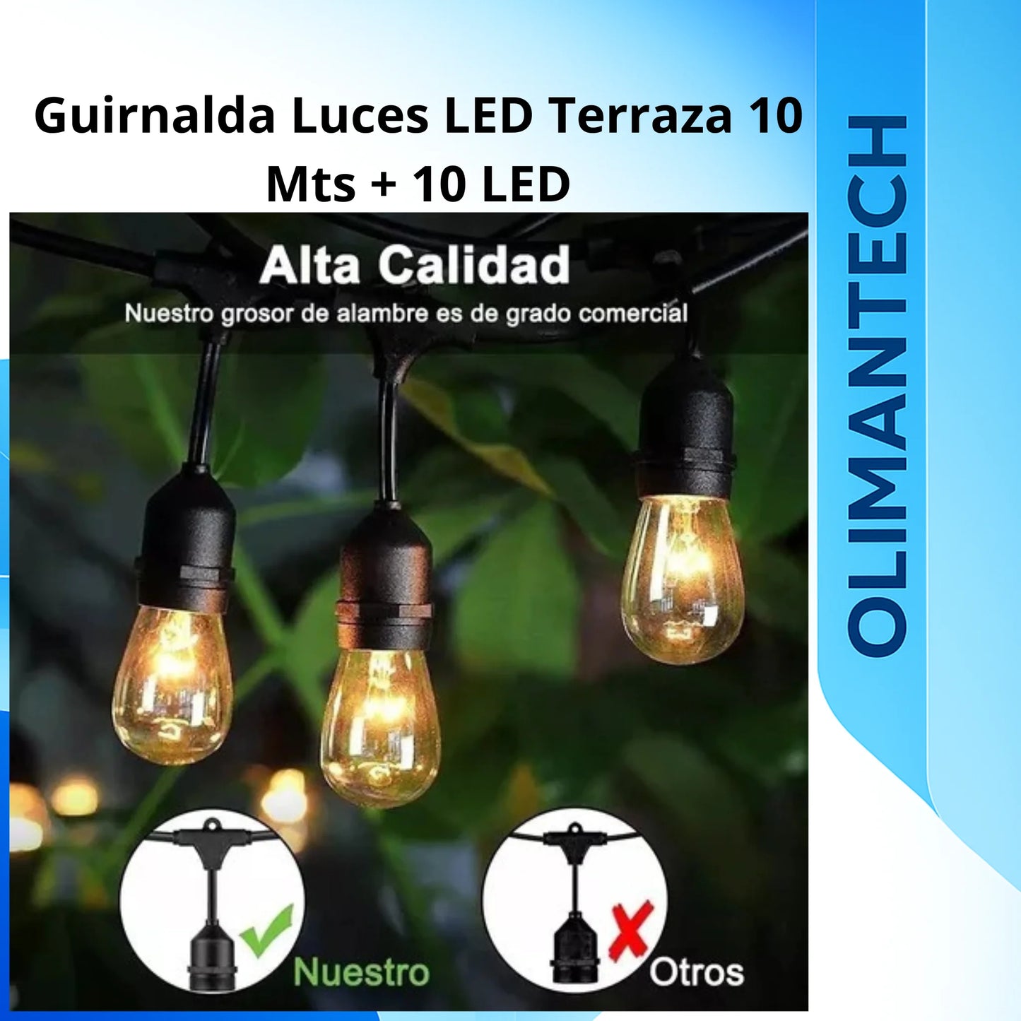 Guirnalda de luces LED para terraza de 10 metros, 10 focos vintage cálidos resistentes al agua IP65

