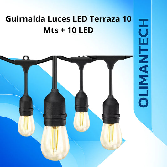 Guirnalda de luces LED para terraza de 10 metros, 10 focos vintage cálidos resistentes al agua IP65

